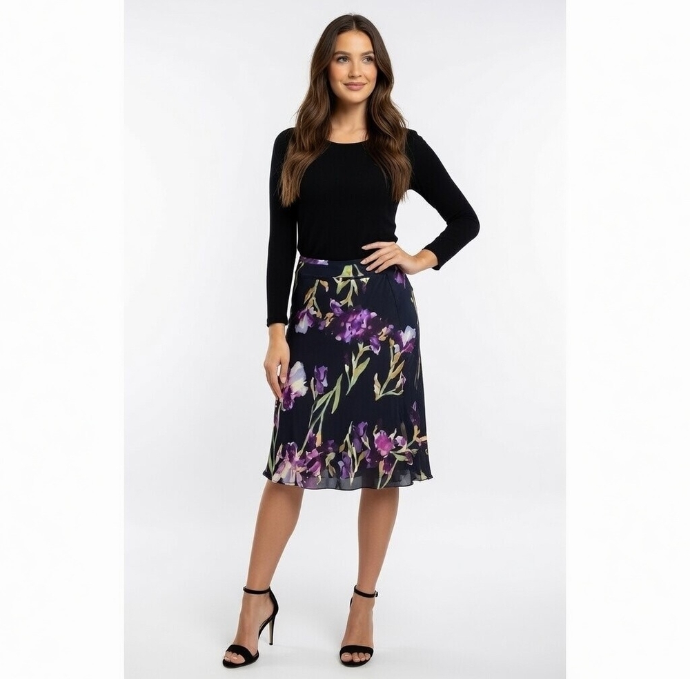 TESS Iris Floral Silk Skirt S 10 Black Multicolor Sheer Midi Skirt Lightweight